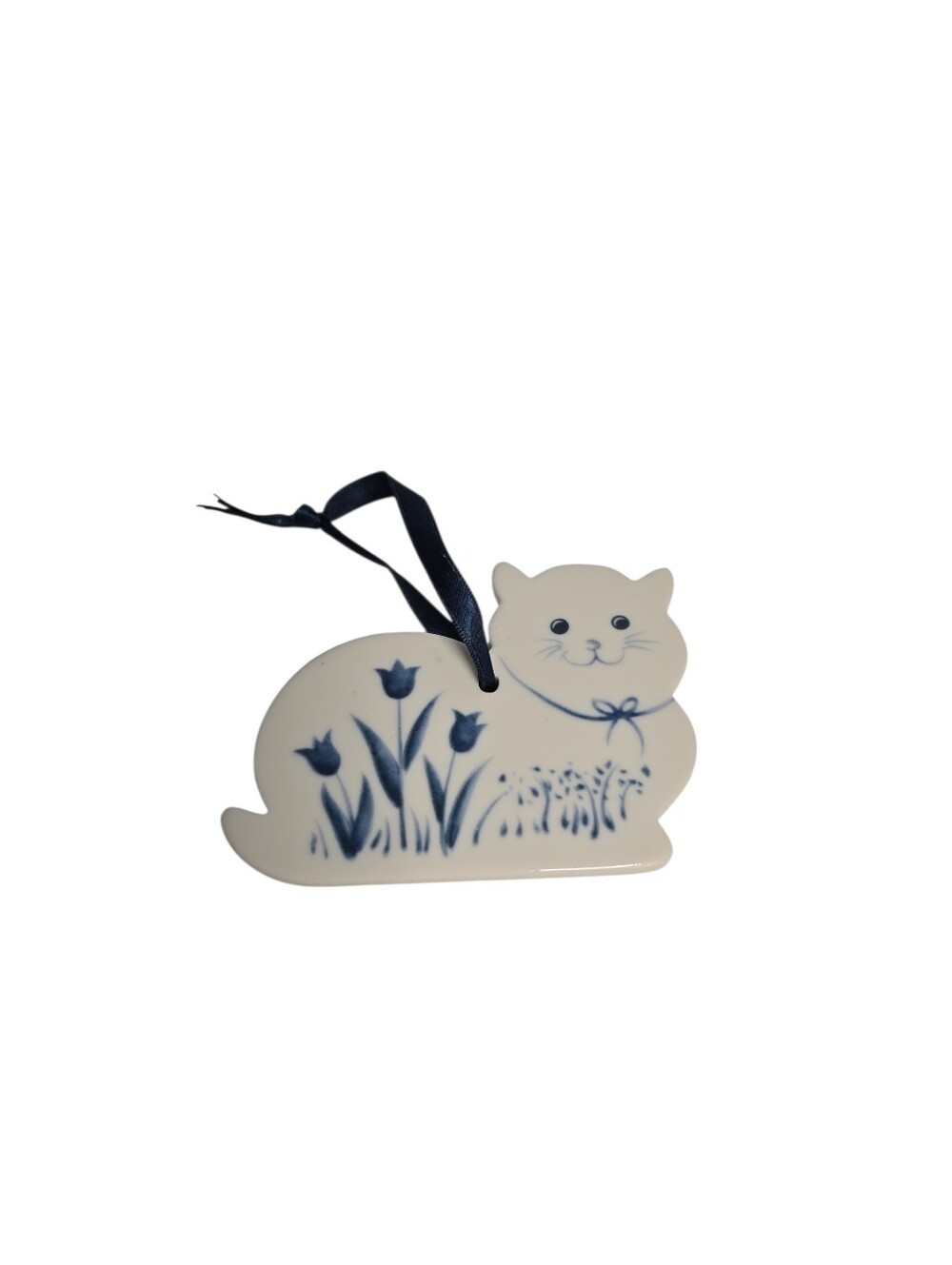 Vtg Russ Berrie Cat Christmas Ornament Blue White Delft Tulips Kitty Ceramic